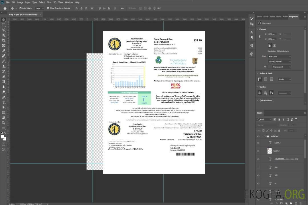 États-Unis Massachusetts Ville de Rowley Municipal Lighting Plant modèle de facture de services publics d'électricité aux formats Word et PDF template